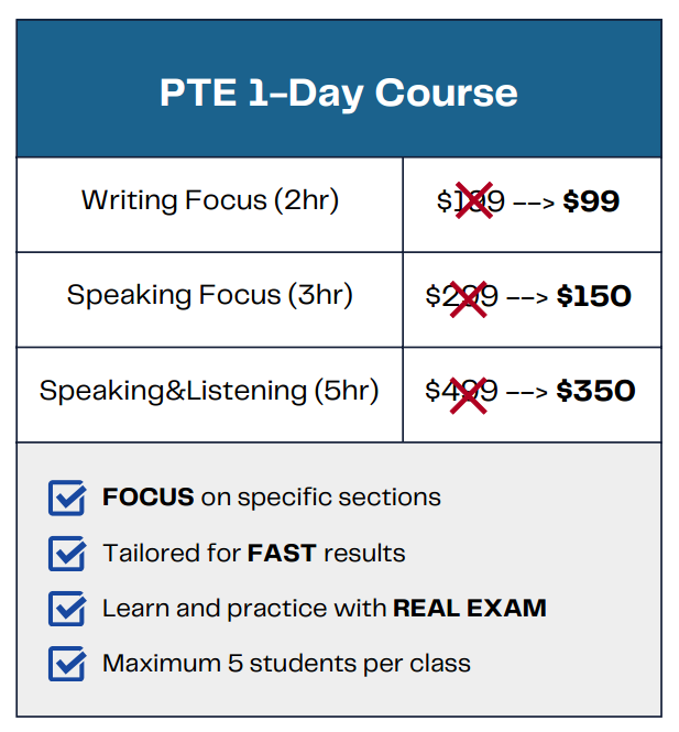PTE 1-Day Course — Writing $99, Speaking $150, Speaking and Listening $350