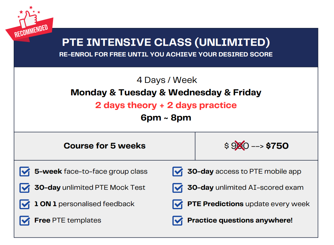 PTE Intensive Class (Unlimited) — 5 weeks, $750, 4 days per week
